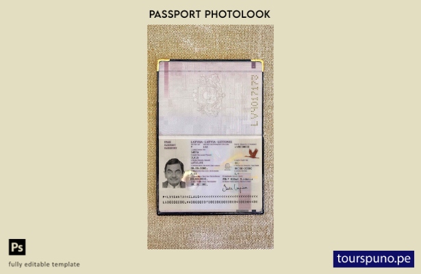 listo para imprimir plantilla de aspecto fotográfico del pasaporte de Letonia ()